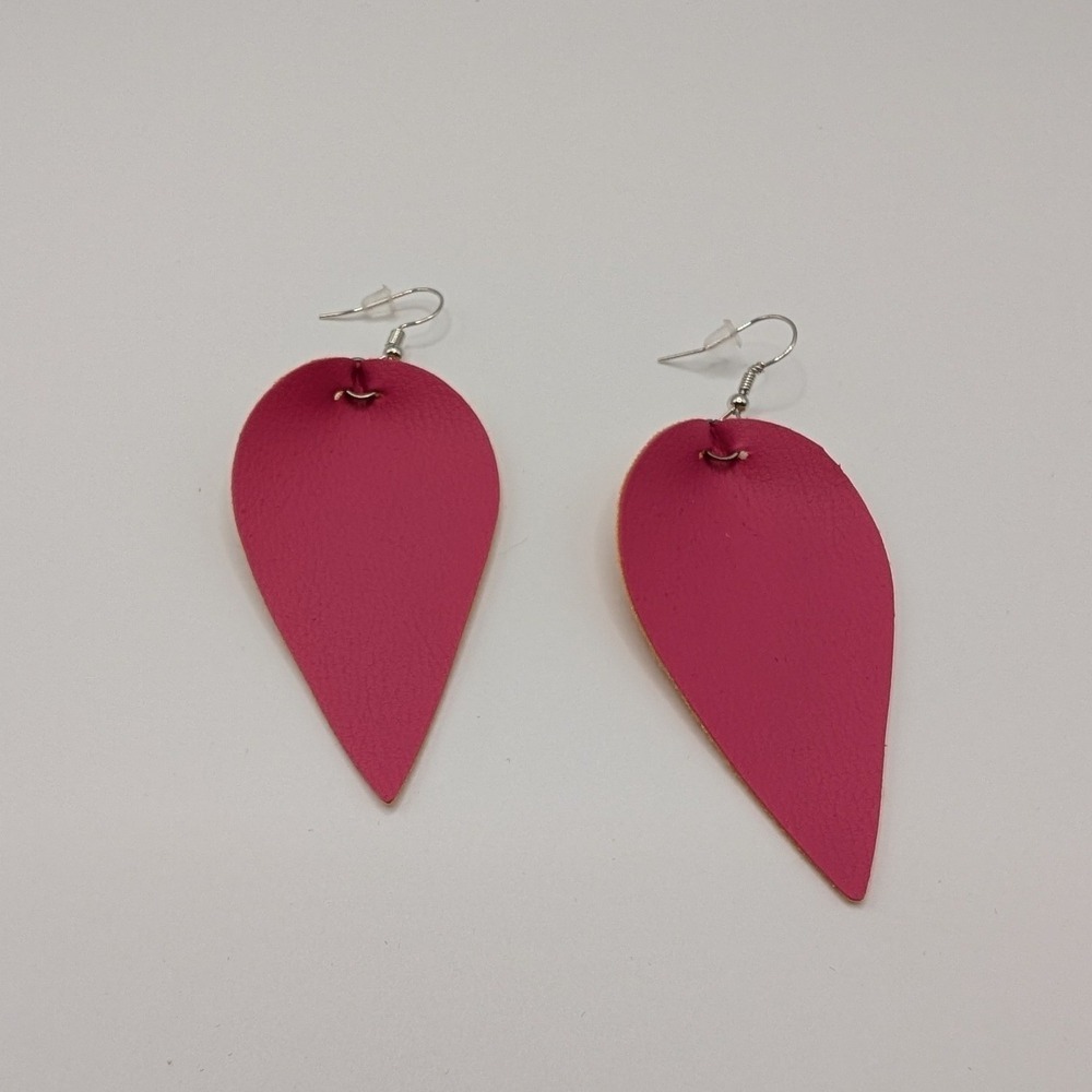 Pink Dangle Faux Leather Leaf Look French Wire Earrings Felted Back NWOT